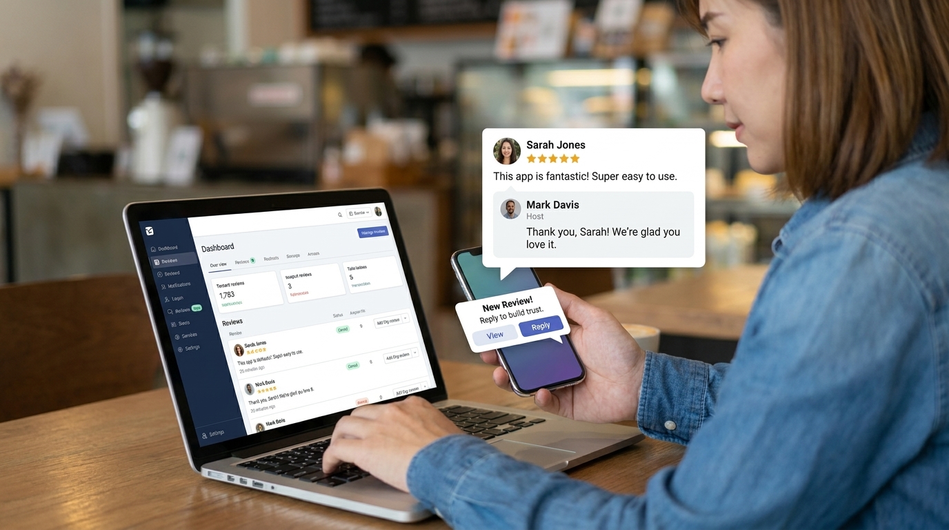 Woman writing a review in front of a laptop